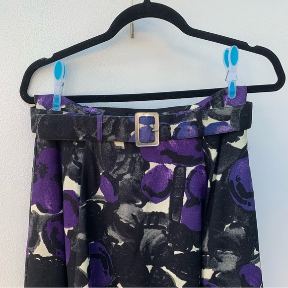 "Peony" Ladies Size 8 Circle Skirt Purple Black Floral Wool Silk Belted Lined - Picture 2 of 10